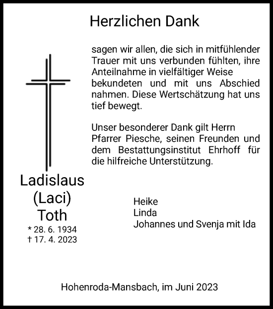 Traueranzeige von Ladislaus Toth von HZ