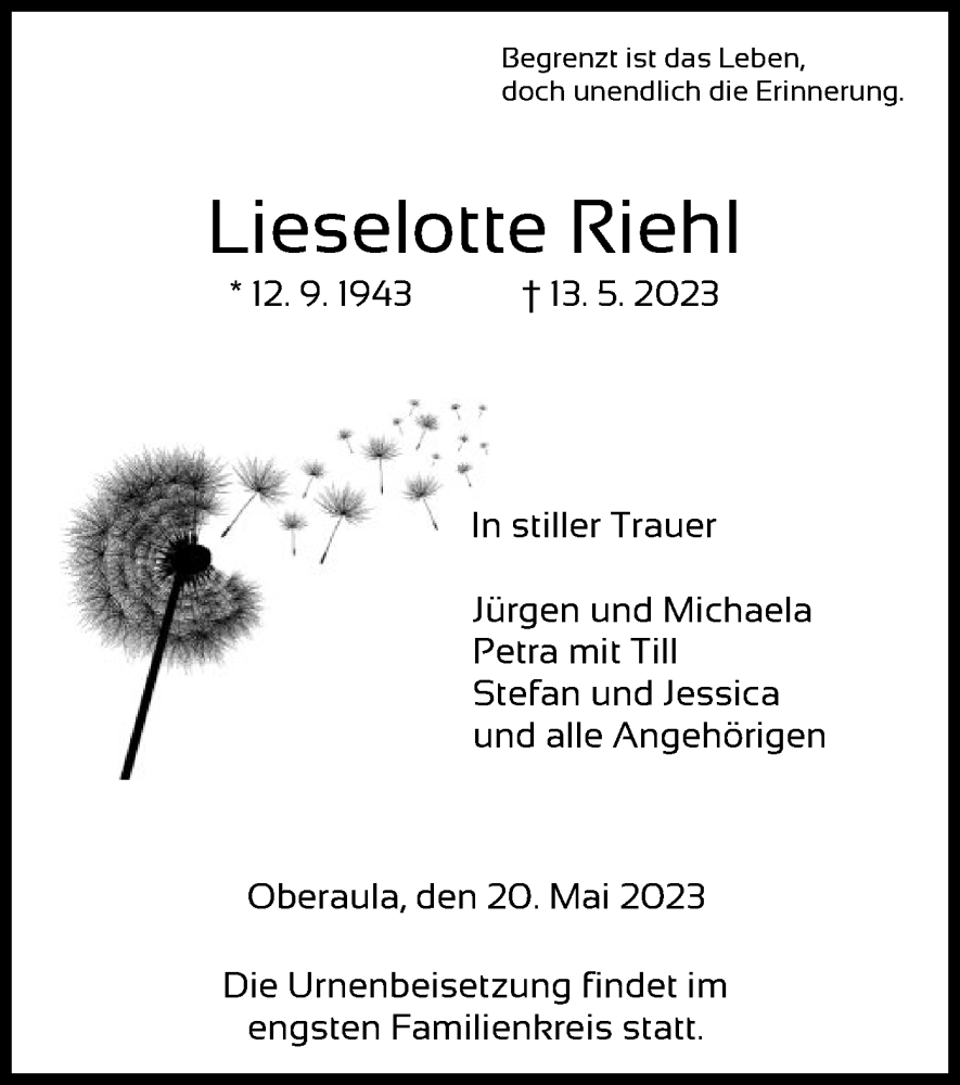  Traueranzeige für Lieselotte Riehl vom 20.05.2023 aus HZ