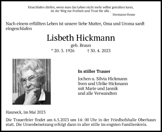 Traueranzeige von Lisbeth Hickmann von HZ