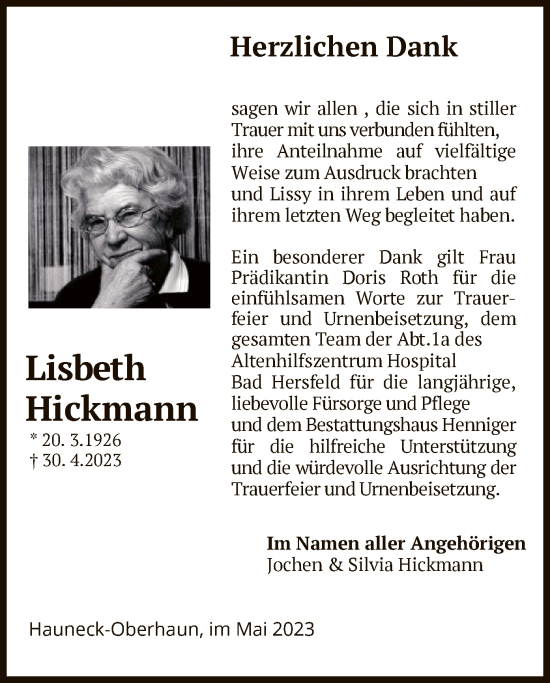 Traueranzeige von Lisbeth Hickmann von HZ