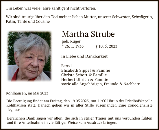 Traueranzeige von Martha Strube von HZ