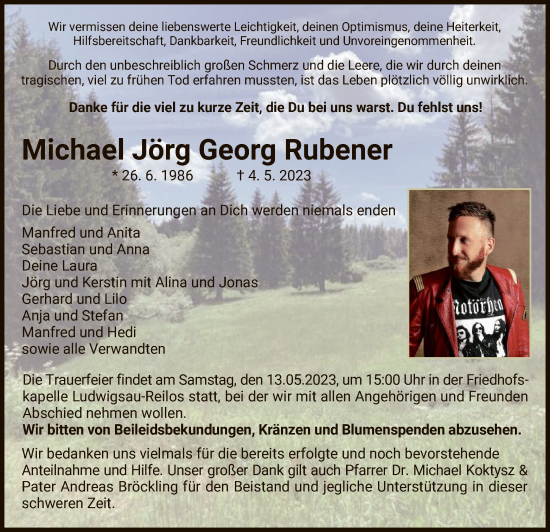 Traueranzeige von Michael Jörg Georg Rubener von HZ