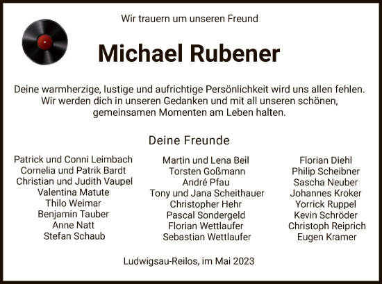 Traueranzeige von Michael Jörg Georg Rubener von HZ