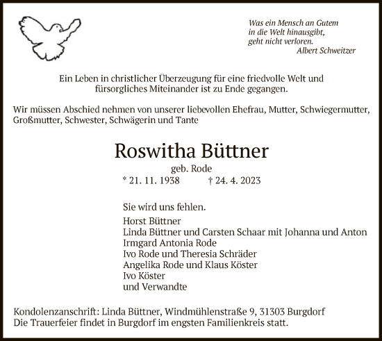 Traueranzeige von Roswitha Büttner von HZ