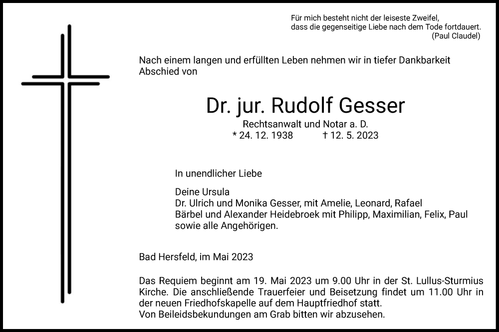  Traueranzeige für Rudolf Gesser vom 17.05.2023 aus HZ