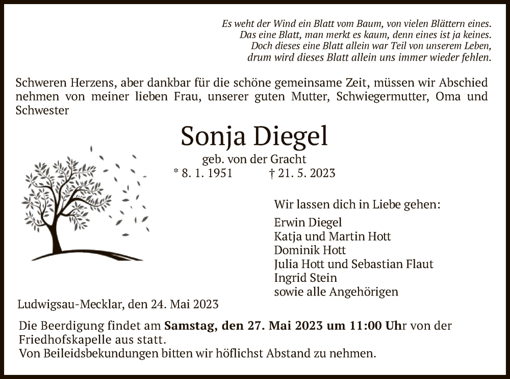  Traueranzeige für Sonja Diegel vom 24.05.2023 aus HZ