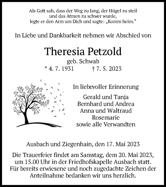 Traueranzeige von Theresia Petzold von HZ