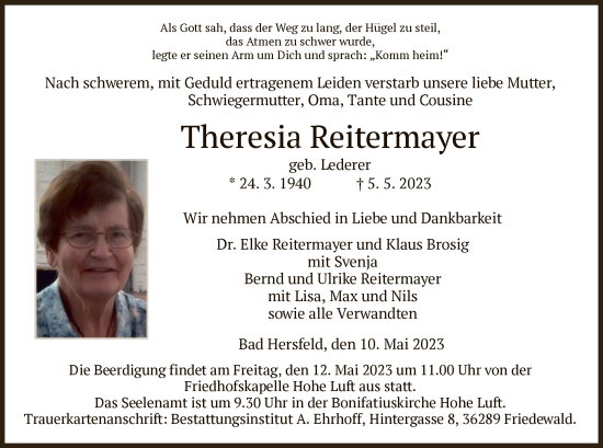 Traueranzeige von Theresia Reitermayer von HZ