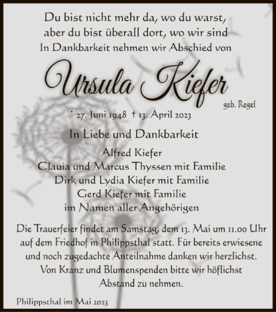  Traueranzeige für Ursula Kiefer vom 06.05.2023 aus HZ
