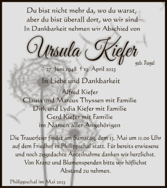 Traueranzeige von Ursula Kiefer von HZ