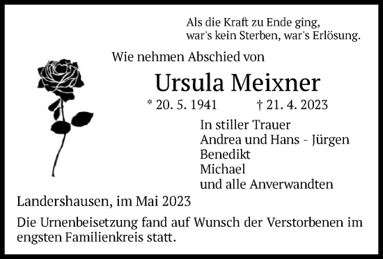 Traueranzeige von Ursula Meixner von HZ