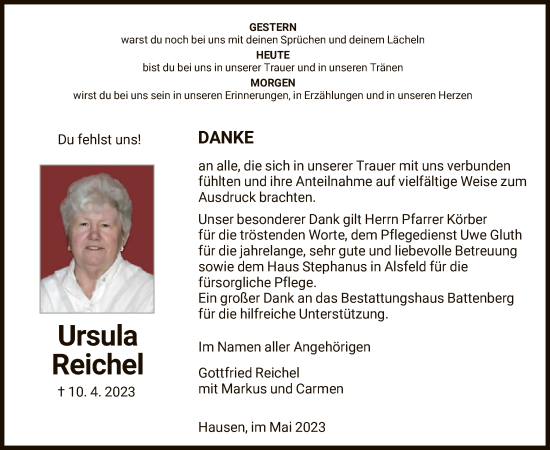 Traueranzeige von Ursula Reichel von HNA