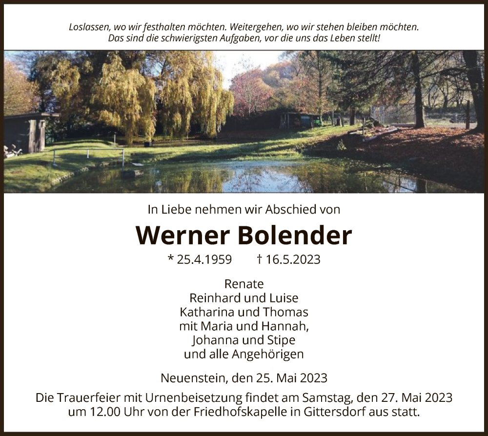  Traueranzeige für Werner Bolender vom 25.05.2023 aus HZ