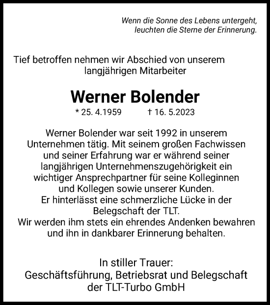 Traueranzeige von Werner Bolender von HZ