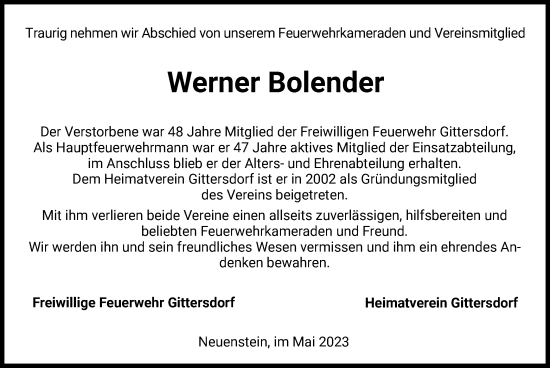 Traueranzeige von Werner Bolender von HZ