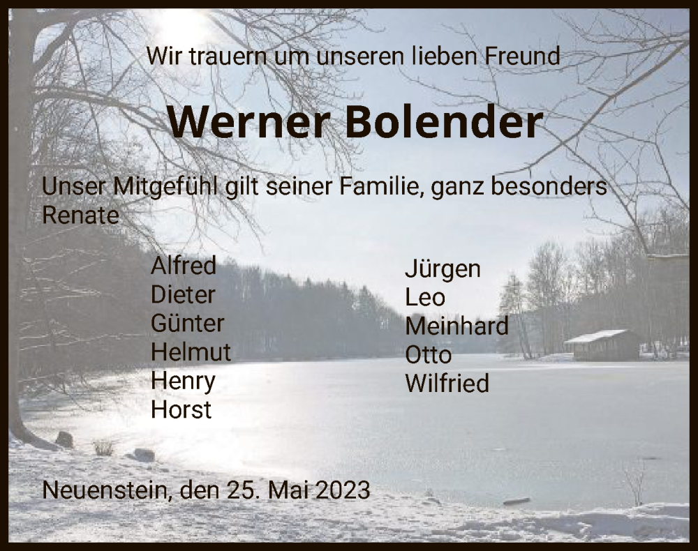  Traueranzeige für Werner Bolender vom 25.05.2023 aus HZ