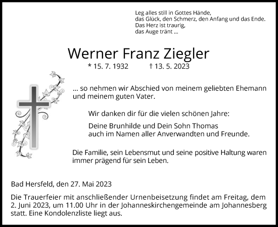 Traueranzeige von Werner Franz Ziegler von HZ