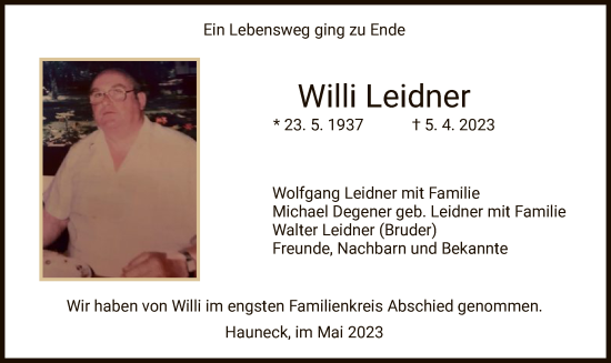 Traueranzeige von Willi Leidner von HZ