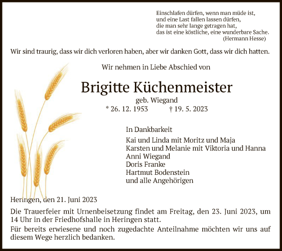 Traueranzeige von Brigitte Küchenmeister von HZ