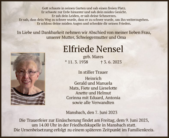 Traueranzeige von Elfriede Nensel von HZ