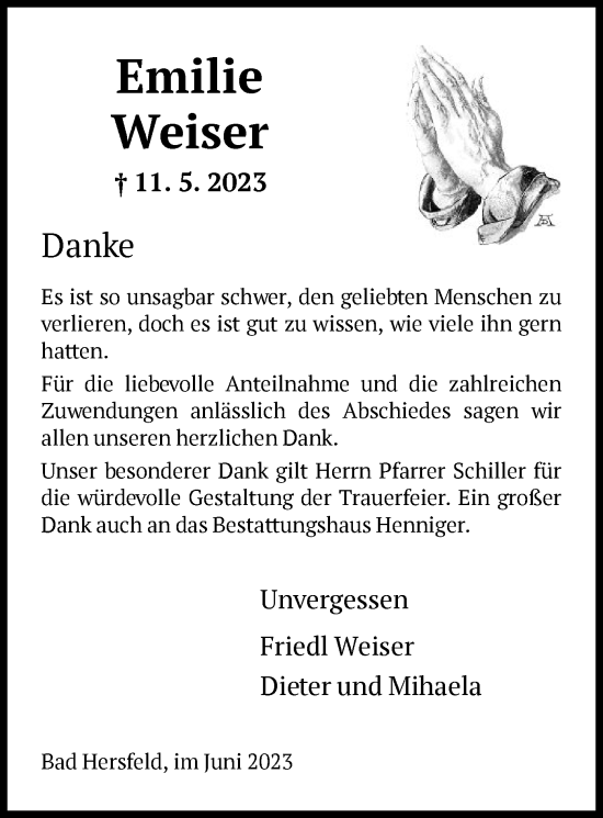 Traueranzeige von Emilie Weiser von HZ