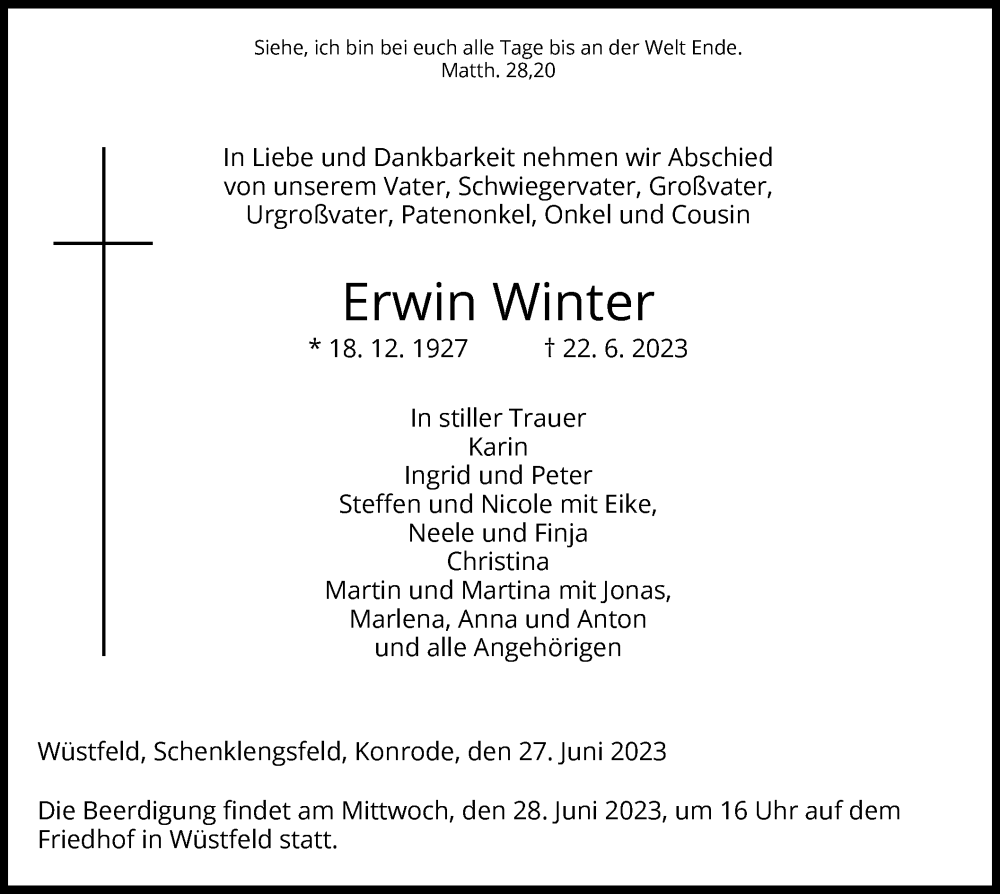  Traueranzeige für Erwin Winter vom 27.06.2023 aus HZ
