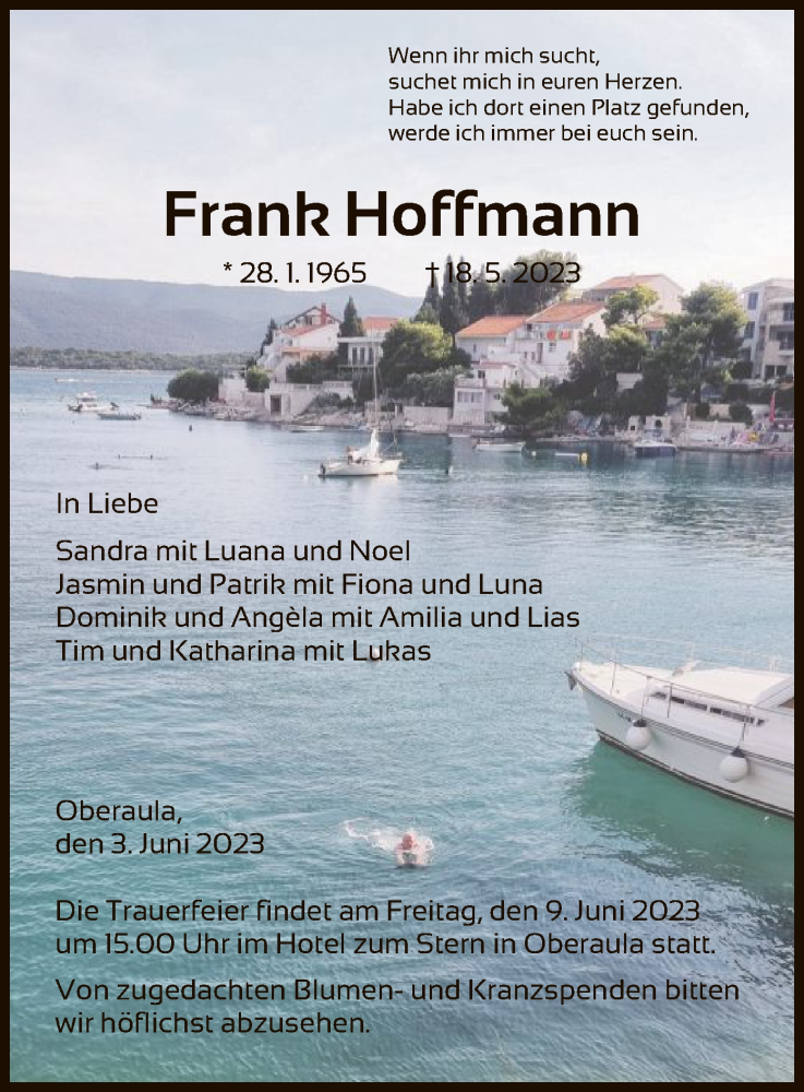  Traueranzeige für Frank Hoffmann vom 03.06.2023 aus HZ
