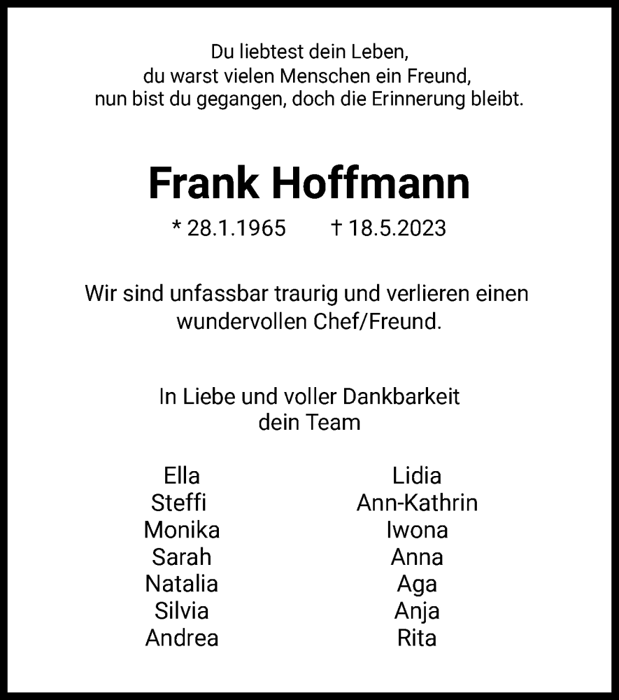  Traueranzeige für Frank Hoffmann vom 03.06.2023 aus HZ