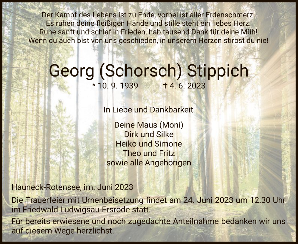  Traueranzeige für Georg Stippich vom 17.06.2023 aus HZ