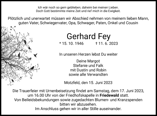 Traueranzeige von Gerhard Fey von HZ