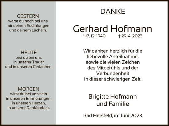 Traueranzeige von Gerhard Hofmann von HZ