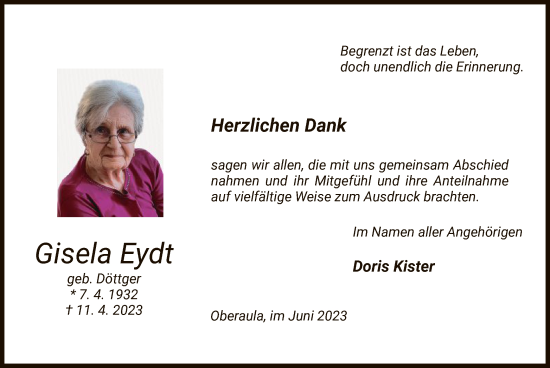 Traueranzeige von Gisela Eydt von HZ