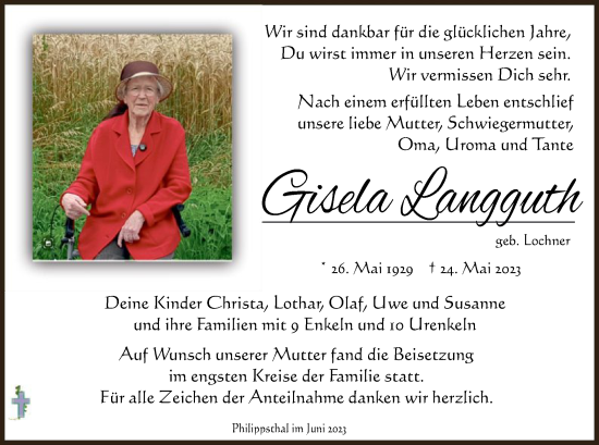 Traueranzeige von Gisela Langguth von HZ