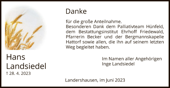 Traueranzeige von Hans Landsiedel von HZ