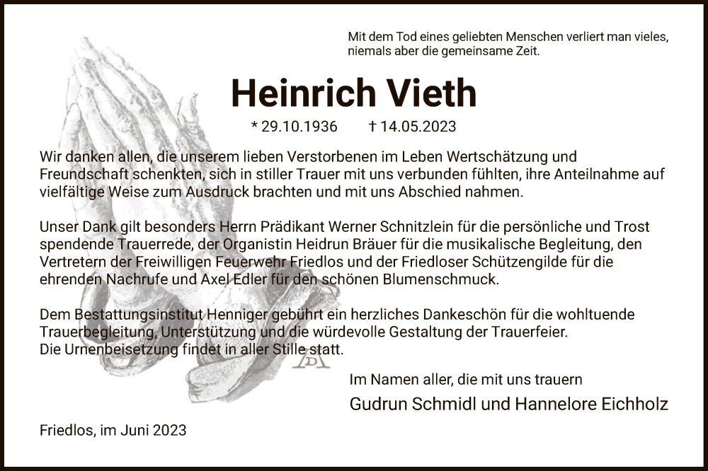  Traueranzeige für Heinrich Vieth vom 03.06.2023 aus HZ