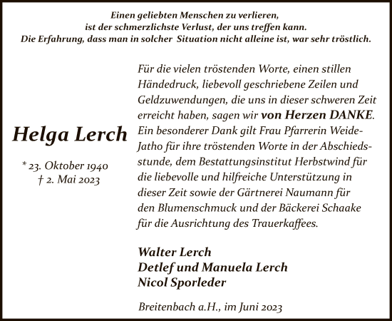 Traueranzeige von Helga Lerch von HZ