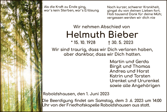 Traueranzeige von Helmuth Bieber von HZ