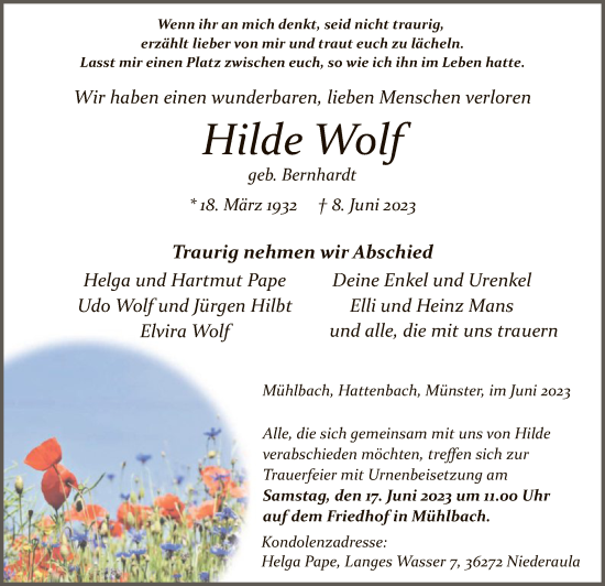 Traueranzeige von Hilde Wolf von HZ