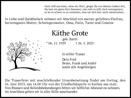 Traueranzeige von Käthe Grote von HZ