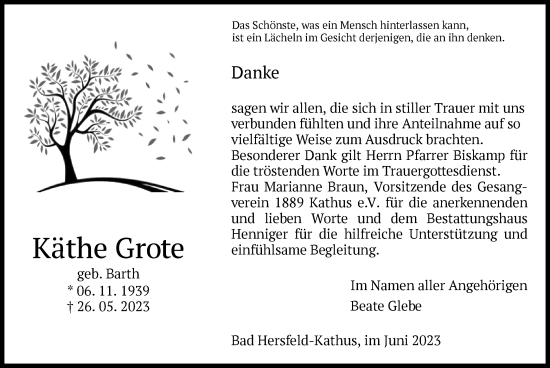 Traueranzeige von Käthe Grote von HZ