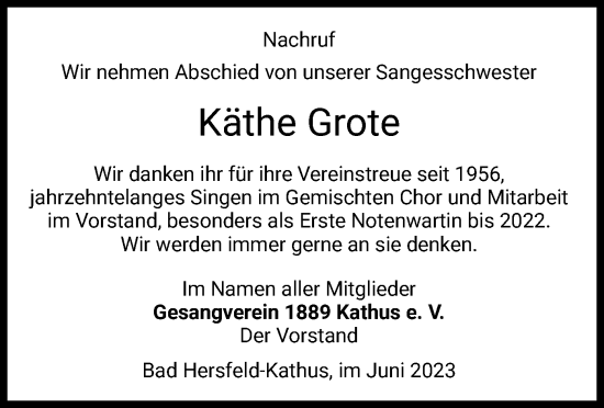 Traueranzeige von Käthe Grote von HZ