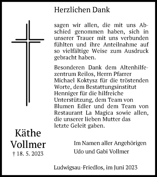 Traueranzeige von Käthe Vollmer von HZ