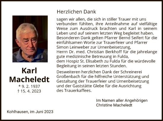 Traueranzeige von Karl Macheledt von HZ