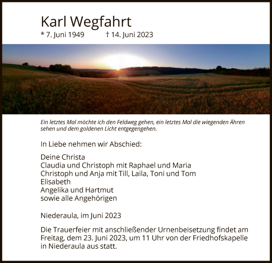 Traueranzeige von Karl Wegfahrt von HZ