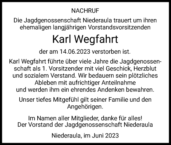 Traueranzeige von Karl Wegfahrt von HZ