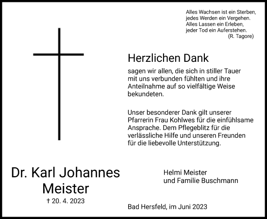 Traueranzeige von Karl Johannes Meister von HZ