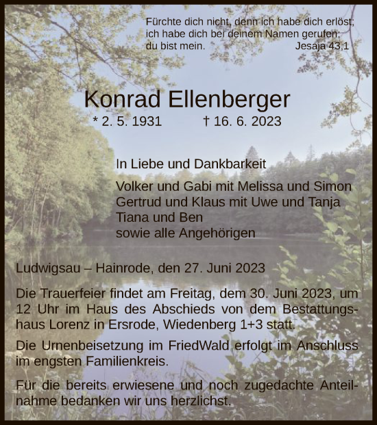 Traueranzeige von Konrad Ellenberger von HZ