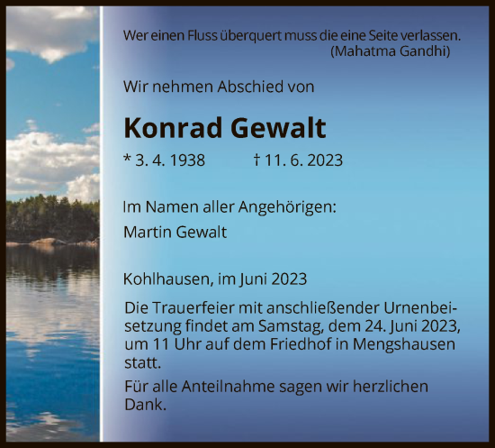 Traueranzeige von Konrad Gewalt von HZ