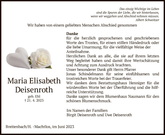 Traueranzeige von Maria Elisabeth Deisenroth von HZ