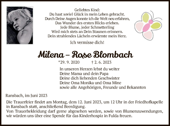 Traueranzeige von Milena–Rose Blombach von HZ